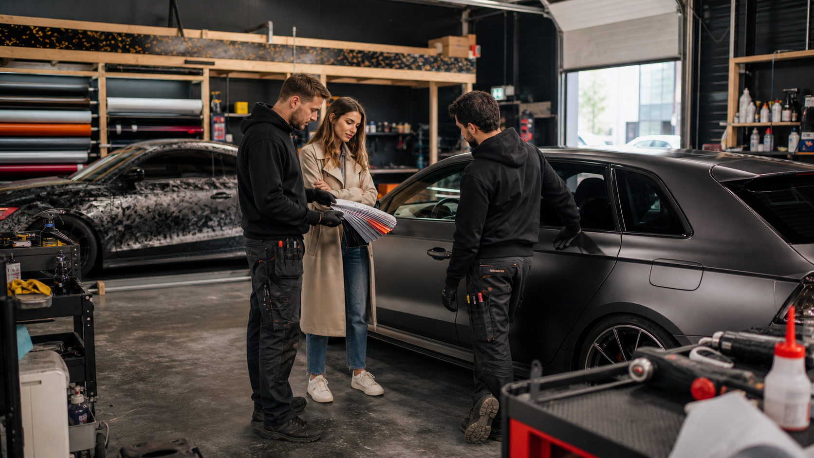 Moderne werkplaats waar twee monteurs aan een gewrapte auto werken